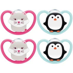 NUK Schnuller Space Gr. 2, 6 - 18 Monate Silikon Katze/Pinguin, 4 Stück