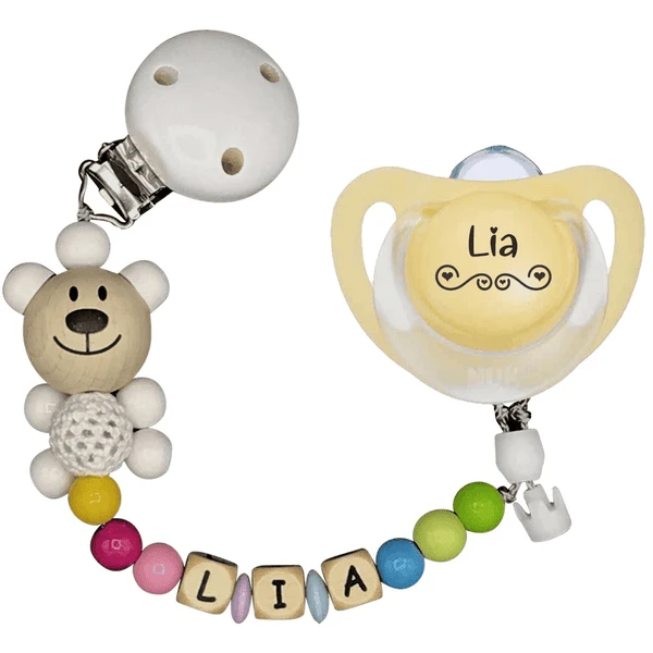 Schnullireich Schnullerkette Mit Namen Häkelbär+NUK Schnuller 0-6 Mon. Gelb 3 Schnullireich Schnullerkette Mit Namen Häkelbär+NUK Schnuller 0-6 Mon. Gelb